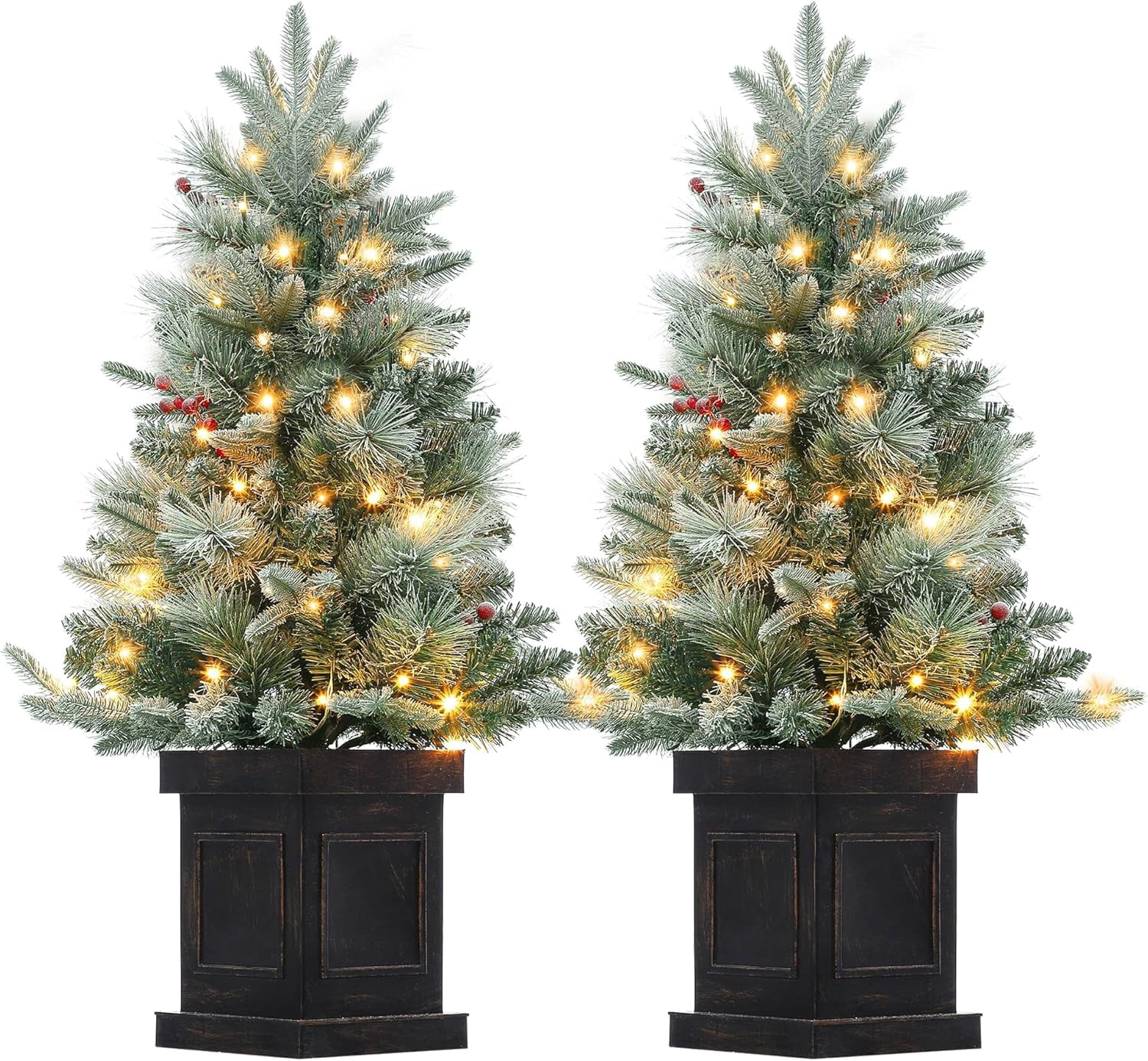 2 Pcs Pre-Lit Artificial Small Christmas Tree, Snow Flocked Xmas Tree Includes 78 White Led Lights, Classic Potted Base, Timer Function for Tabletop, Home Decor, 3FT