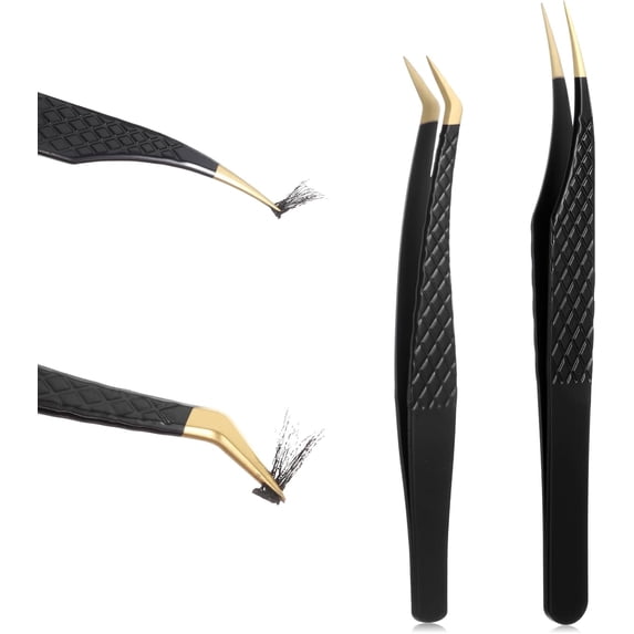 2 Pcs Professional Lash Tweezers, Eyelash Cluster Extension Tools with Bent and Straight Tips for Classic Volume Extensions, Non-Slip Grip Precision False Lashes (Black)