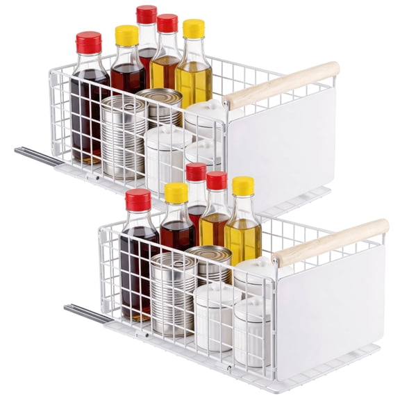 2 Pcs Pull Out Cabinet Organiser, 9.3 x 7.7 x 15.6-22.2 in Slide Out Drawers for Kitchen Cabinets, Metal Kitchen Pullout Drawers with Wooden Handle, Foldable No-Drill Under Sink Storage for Pantry