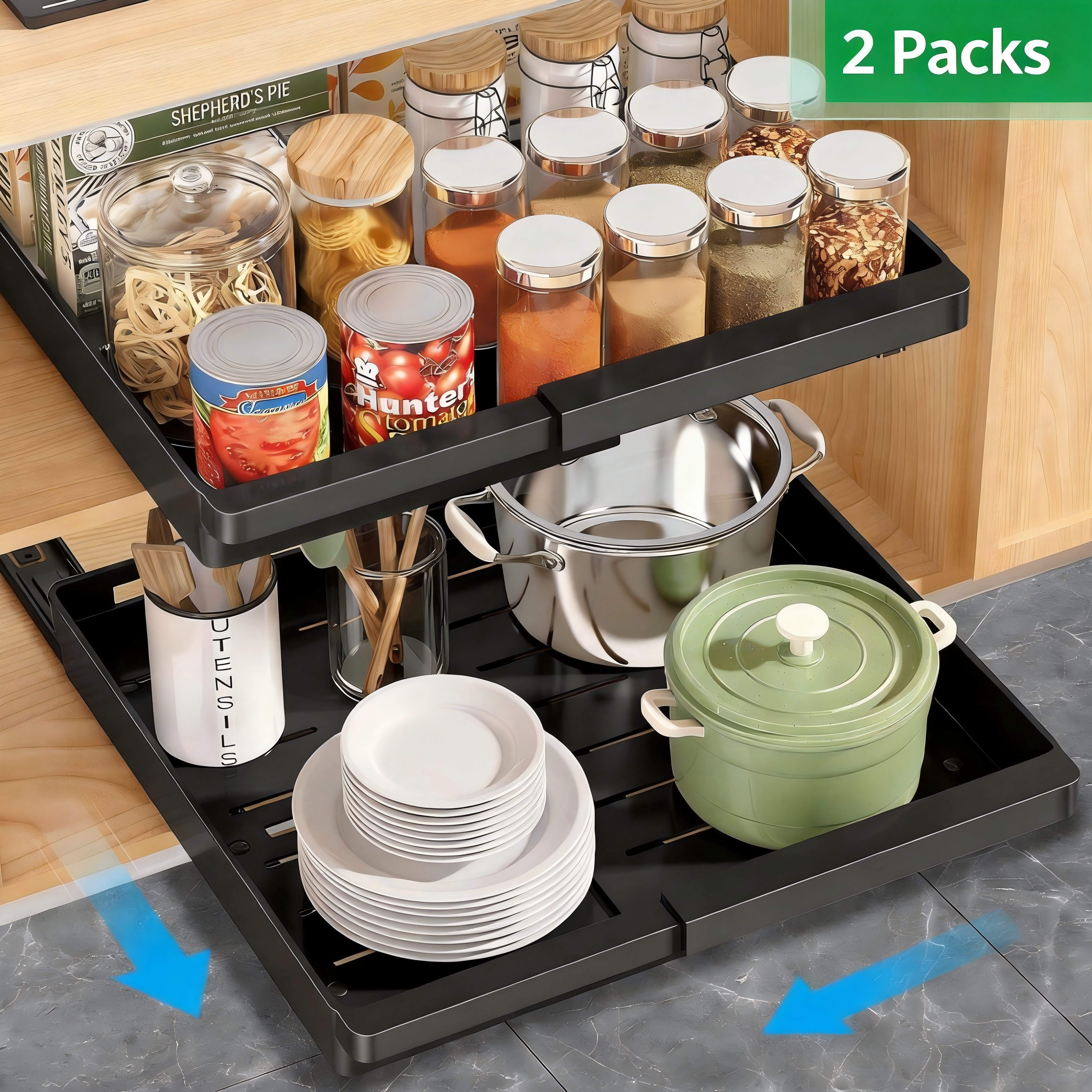 2 Pcs Pull Out Cabinet Organizers Expandable (11.6''-17.5''), Plastic Slide Out Drawers for Kitchen, Bathroom, Pantry, Under Sink, Pull Out Drawers Fixed with Adhesive Nano Film (Black)