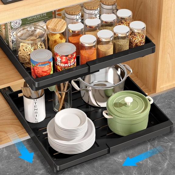 2 Pack Expandable Pull Out Cabinet Organizer, AOKIWO Slide Out Drawers Storage with Adhesive Nano Film for Kitchen Pantry Under Sink (Black, 13''-19'')