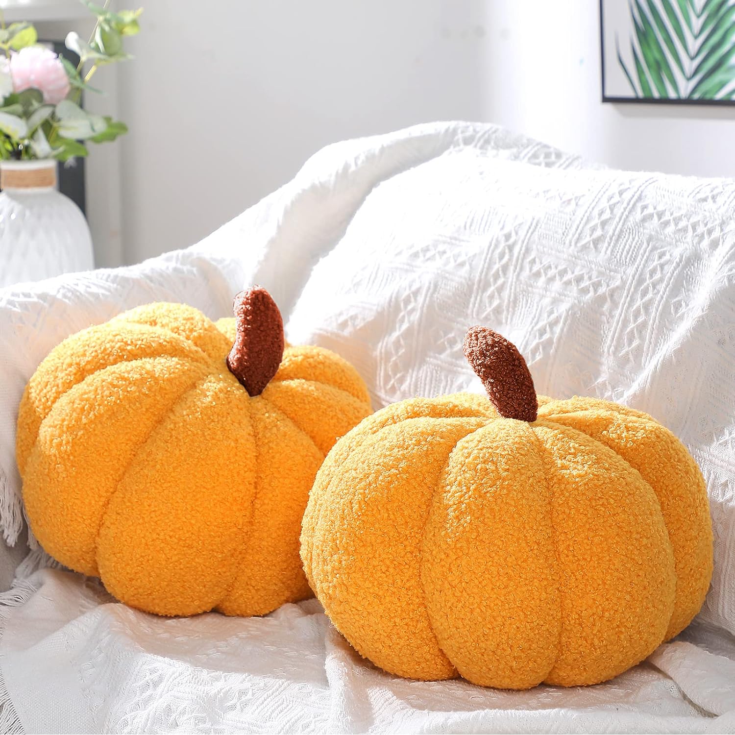 Juexica 3 Pieces Stuffed Pumpkin Pillow Fluffy Plush 3D Pumpkin Shaped Decoration Fall Thanksgiving Halloween Pillow Cushion Cute Soft Throw For Sofa Couch Supplies (White,Yellow