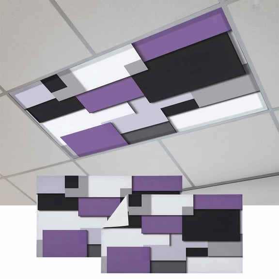2 Pcs Purple Black Patchwork Fluorescent Light Covers Abstract Geometric Art Magnetic Light Covers for Ceiling Lights 4 x 2 ft Drop Ceiling Lights Cover Shade for Office, Home, Hospital