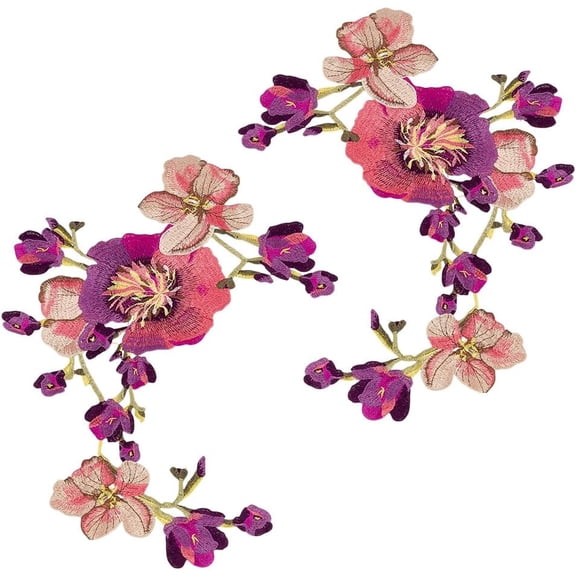 2 Pcs Purple Flower Embroideried Patches 19.69x12.8 inch Beautiful Flower Large Water Soluble Sewing Applique Accessories
