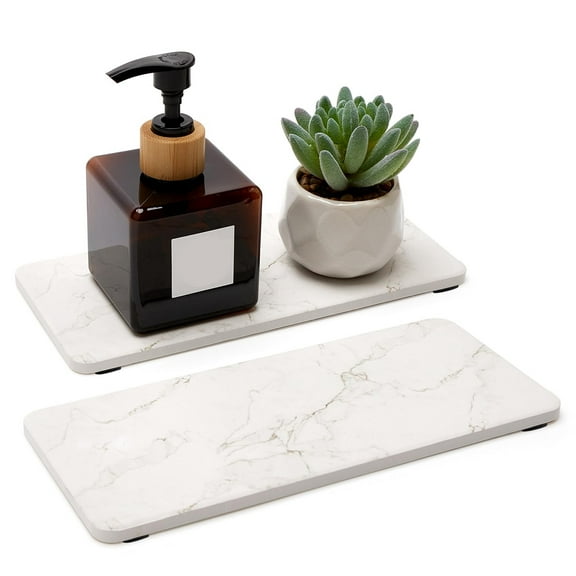2 Piece Marble Diatomite Drying Mats, Absorbent Ceramic Trays for Bathroom Vanity Kitchen Sink, Soap Dish Sponge Holder Quick Dry Tray, White