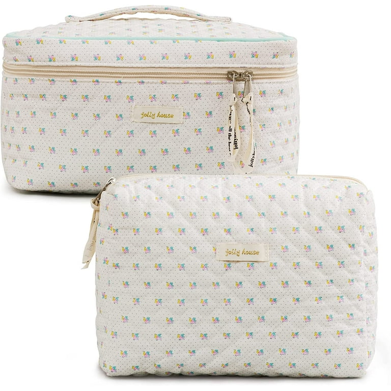 2 Pcs Quilted Makeup Bag, Cotton Cosmetic Bag Aesthetic Cute Floral Makeup  Bag, Large Travel Toiletry Bag for Women Girls