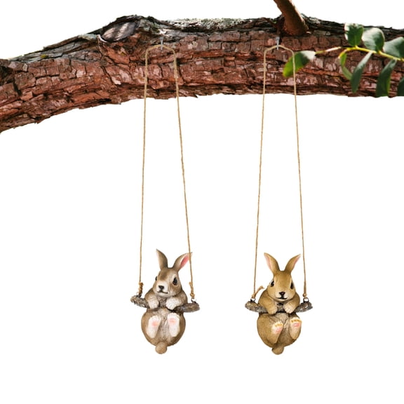 2 Pcs Rabbit Hanging Ornament – Resin Bunny holding on a Tree Branch with Rope Décor for Home, Porch, Garden, Patio - Easter, Rustic Woodland, Farmhouse Theme Wall Decoration - Gift for Rabbit Lovers