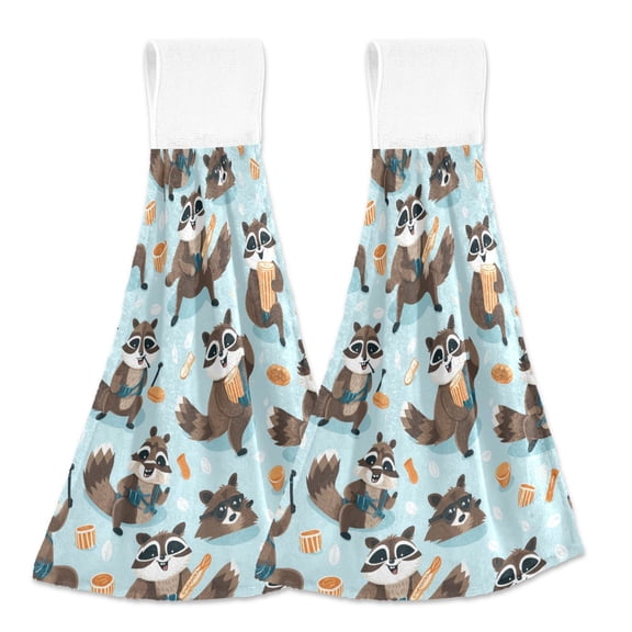 2 Pcs Raccoon Drums Pizza Kitchen Hand Towels with Hanging Loops Absorbent Soft Fast Drying Decor Bath Towels