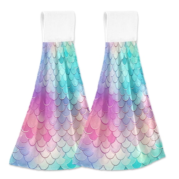 2 Pcs Rainbow Fish Scale Kitchen Hand Towels with Hanging Loops Absorbent Soft Fast Drying Decor Bath Towels