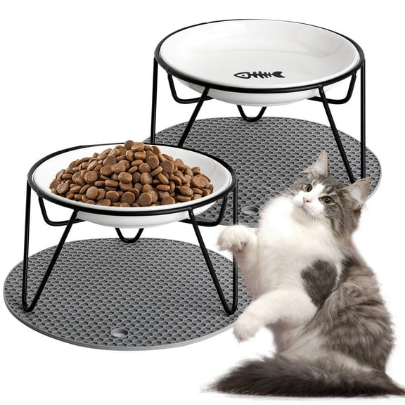 2 Pcs Raised Cat Food Bowls, Raised Ceramic Cat Dish with Metal Stand, with with Non-Slip Mat,Cat Dishes for Food and Non Slip Elevated Cat Plate Kitten, Puppies and Small Dogs (2 Fish)