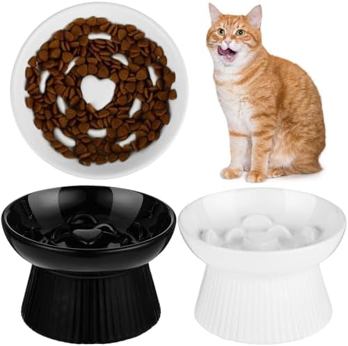 2 Pcs Raised Cat Slow Feeder Bowl Ceramic Elevated Cat Dog Food Bowl No Spill High Edge for Dry Wet Food and Water Easy to Clean, Dishwasher Safe (Black,White)