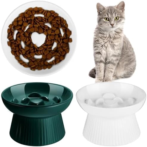 2 Pcs Raised Cat Slow Feeder Bowl Ceramic Elevated Cat Dog Food Bowl No Spill High Edge for Dry Wet Food and Water Easy to Clean, Dishwasher Safe (Dark Green,White)