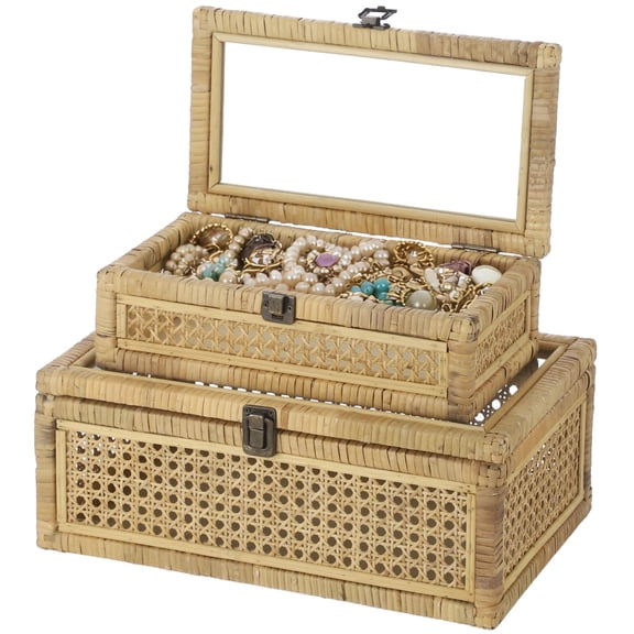 2 Pcs Rattan Decorative Boxes, Woven Storage Baskets with Glass Lid, Rectangular Nesting Organizers, Rustic Farmhouse Handmade Storage Bins for Jewelry, Cosmetics, Toys
