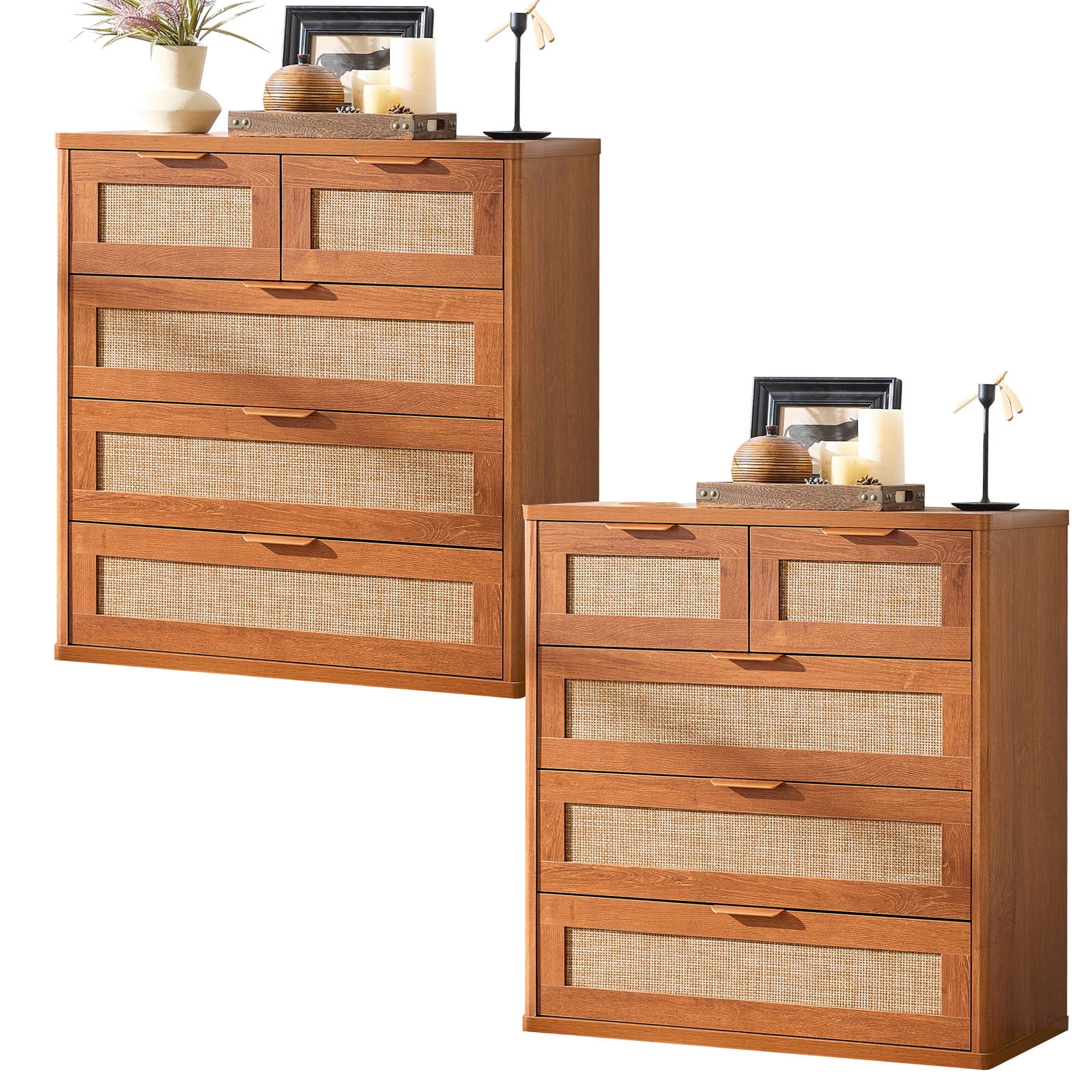 2 Pcs Rattan Drawer Dresser for Bedroom, Tea Brown Wooden Chest of Drawers, Modern 5 Drawer Chest Storage Dresser for Closet, Living Room, Hallway