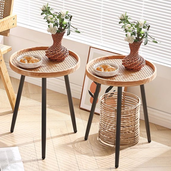 2 Pcs Rattan Log Desktop Round Side End Table, Nightstand/Small Tables, Indoor Outdoor Wooden Tray Table with Metal Stand End Table for Living Room Bedroom Office Small Spaces