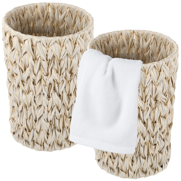2 Pcs Rattan Waste Baskets, 11 in Handwoven Plastic Rattan Trash Can with Wide Opening, Waterproof Waste Bin with Sturdy Metal Frame for Bathroom, Bedroom, Office, Home