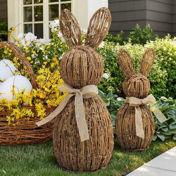 2 Pcs Rattan Woven Easter Bunny Decor Outdoor with Bow 28'' 19'' Farmhouse Rabbit Easter Decorations Spring Bunny Decor for Rustic Farmhouse Outdoor Home Front Porch Entryway Courtyard Lawn