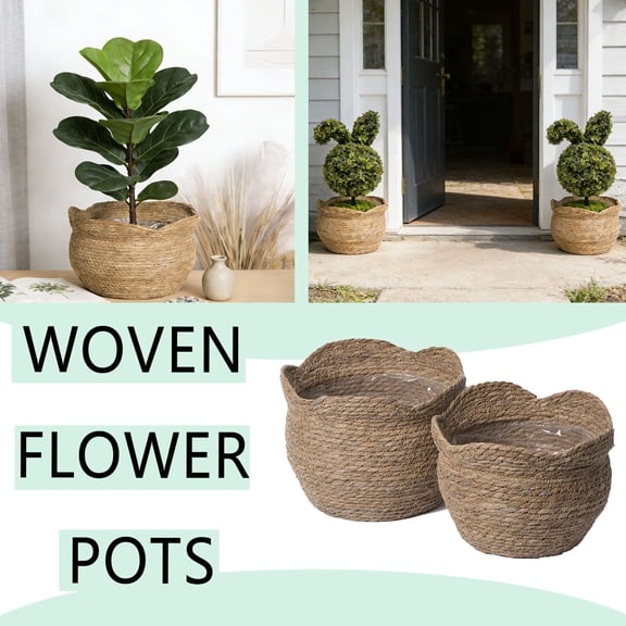 2 Pcs Rattan Woven Plant Baskets with Plastic Liner Rustic Farmhouse Decorative Planters for Indoor Outdoor Floor Tabletop Potted Plants, Flower Storage Pots