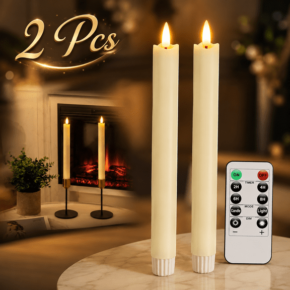 2 Pcs Real Wax Made Flameless Taper Candles with Remote and Timer, 9.6" Ivory Battery Operated Candle Stick Flickering, Led Taper Candles with Lifelike Flame for Christmas Day Indoor Decor.