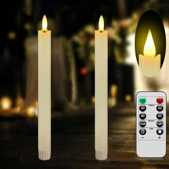2 Pcs Real Wax Made Flameless Taper Candles with Remote and Timer, 9.6" Ivory Battery Operated Candle Stick Flickering, Led Taper Candles with Lifelike Flame for Christmas Day Indoor Decor.