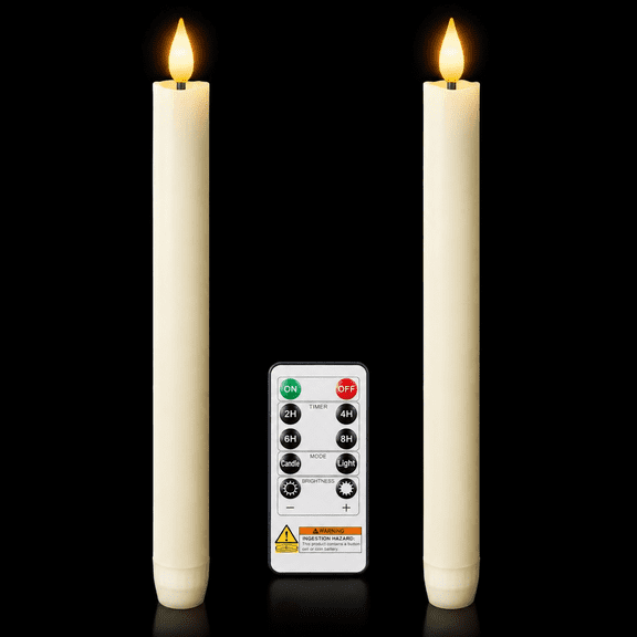 2 Pcs Real Wax Made Flameless Taper Candles with Remote and Timer, 9.6" Ivory Battery Operated Candle Stick Flickering, Led Taper Candles with Lifelike Flame for Indoor Home Decor