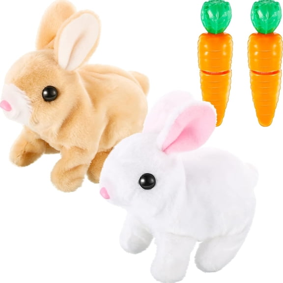 LuckySunDecorQZ Plush Bunny Hopping Rabbit, Realistic Educational Interactive with Sounds and Movements, 2 Pcs, Brown and White
