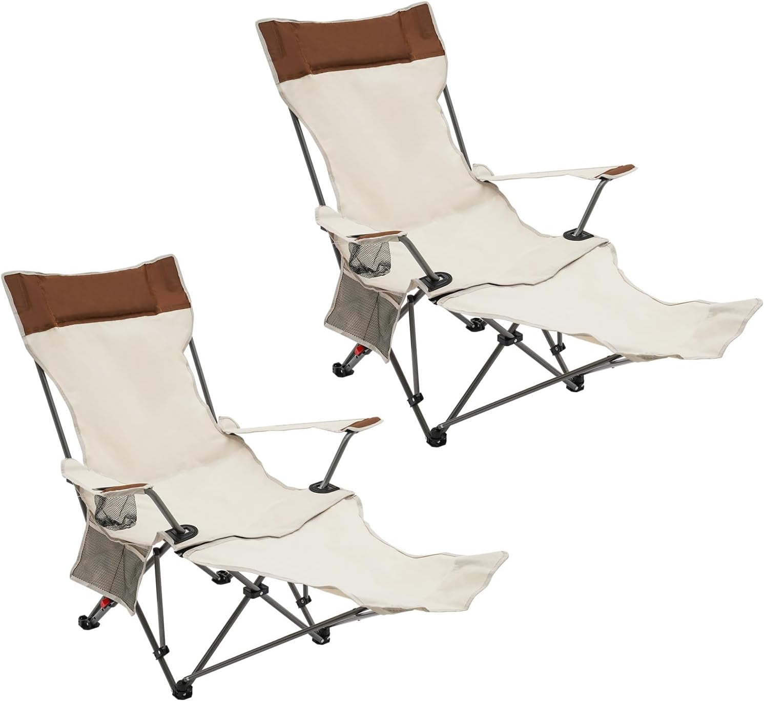 Set of 2 Beige and Brown Adjustable Folding Reclining Camping Chairs