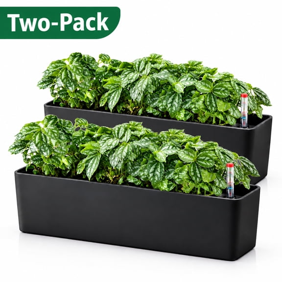 2 Pcs Rectangular Plastic Planter Box with Drainage Holes & Saucer, Plant Pot for Windowsill Balcony Garden