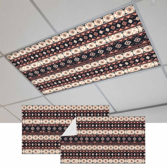 2 Pcs Red Brown Rectangle Fluorescent Light Covers Tribal Retro Classic Geometric Striped Magnetic Light Covers for Ceiling Lights 4 x 2 ft Drop Ceiling Lights Cover Shade for Office, Home, Hospital