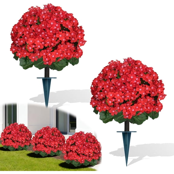 2 Pcs Red Crabapple Blossoms Artificial Ball Topiary Trees with Ground Spike 15 In D x 15 In W x 24 In H