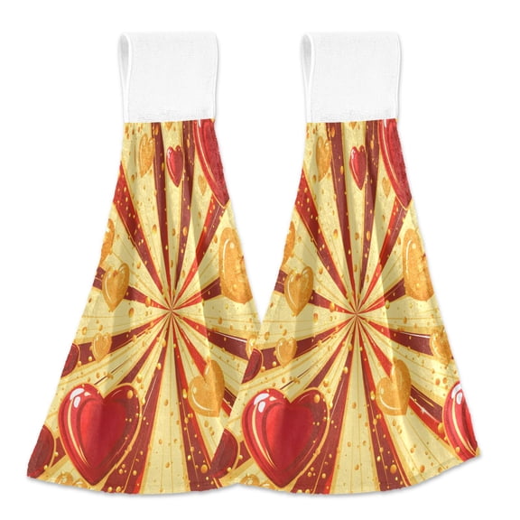 2 Pcs Red Gold Hearts and Ray Kitchen Hand Towels with Hanging Loops Absorbent Soft Fast Drying Decor Bath Towels