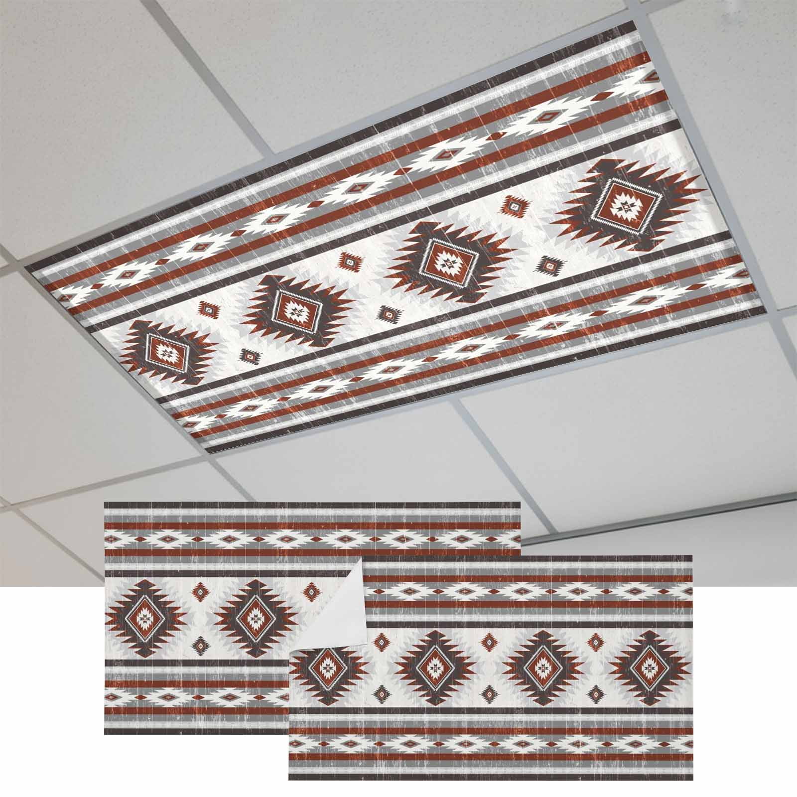 2 Pcs Red Grey Fluorescent Light Covers Southwestern Native Aztec ...