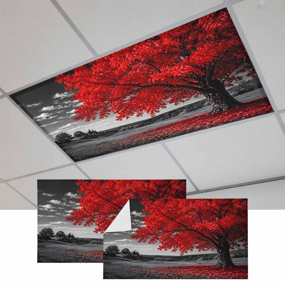 2 Pcs Red Tree Fluorescent Light Covers Romantic Fall Rustic Moon Gray Sky Field Countryside Magnetic Light Covers for Ceiling Lights 4 x 2 ft Drop Ceiling Lights Cover Shade for Office, Home,