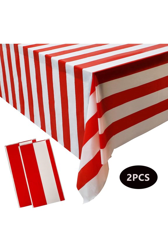 2 Pcs Red and White Striped Plastic Tablecloth Waterproof Rectangle Tablecloth for Holiday Party Picnic Decoration, 54" x 107"