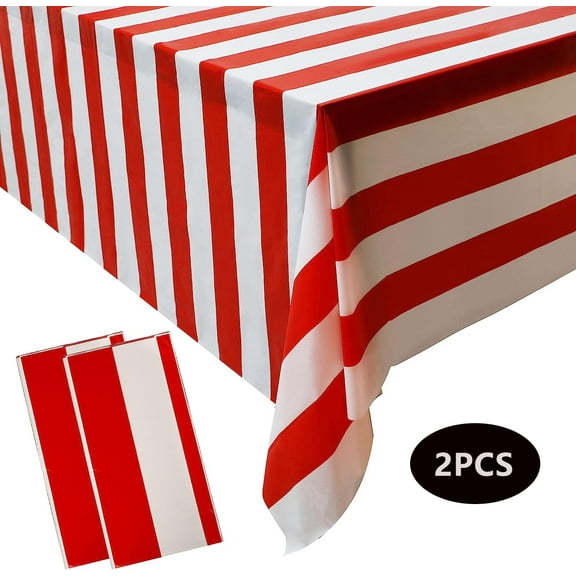 2 Pcs Red and White Striped Plastic Tablecloth Waterproof Rectangle Tablecloth for Holiday Party Picnic Decoration, 54" x 107"