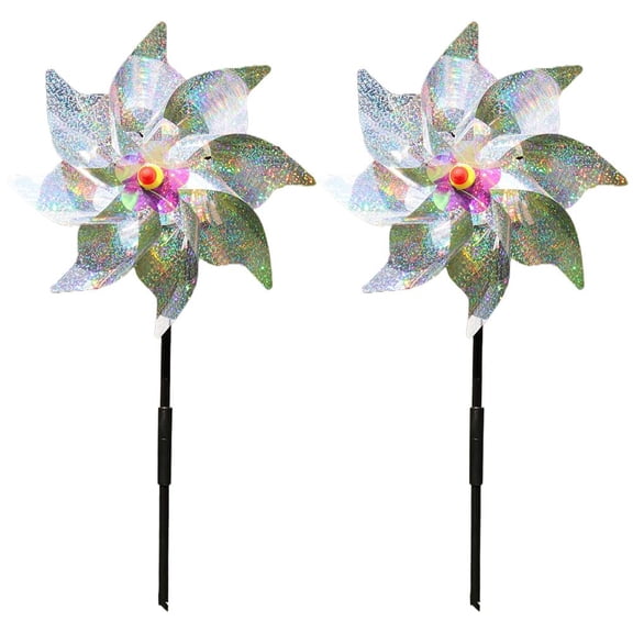 2 Pcs Reflective Pinwheels Wind Spinner, Shiny Silver PVC Garden Decor for Outdoor Fun, Parties, and Yard Decoration Easy to Install, No Tools Needed