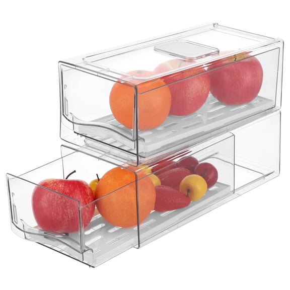 2 Pcs Refrigerator Drawers, Stackable Fridge Organizer Bins, Small Storage Boxes with Drain Tray, Clear PET Fridge Containers with Vent for Produce, Vegetables