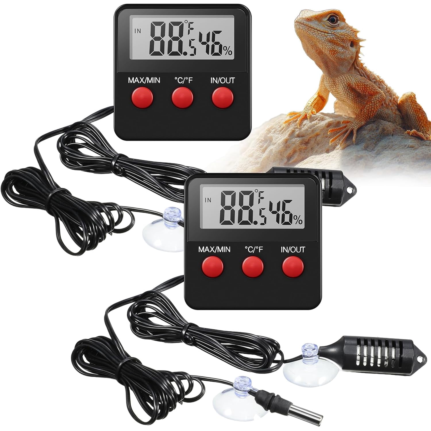 2 Pcs Reptile Thermometer and Humidity Gauge Reptile Terrarium Thermometer Hygrometer with Probes Indoor Outdoor Digital Pet Temperature and Hygrometer Gauge for Pet Keeping