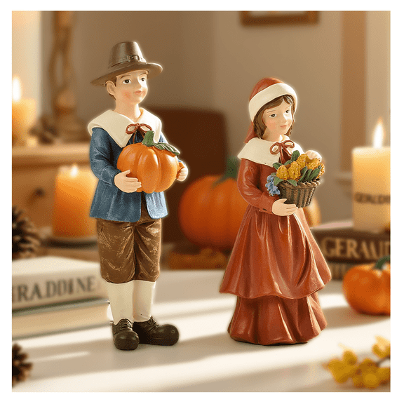 2 Pcs Resin Pilgrim Pumpkin Couple Figurines, Fall Harvest Thanksgiving Tabletop Decor