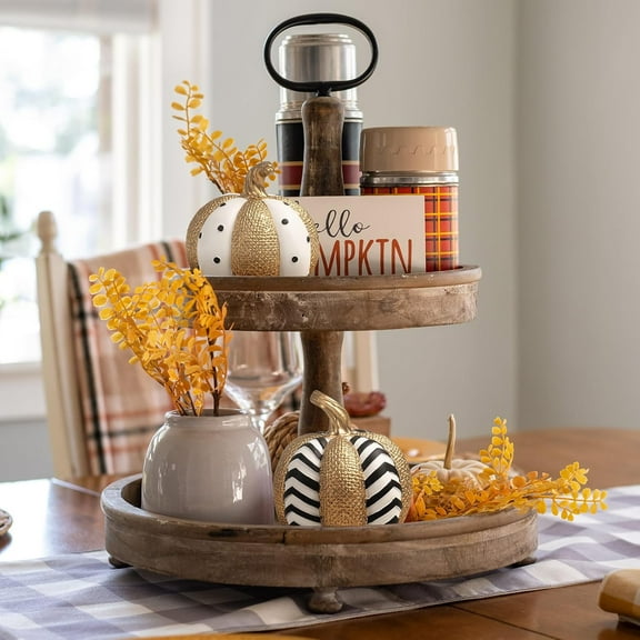 2 Pcs Resin Pumpkins Figurine decorating, Fall Halloween Gold Black White Decorative Pumpkin, Autumn Thanksgiving Home Decorations Indoor Table Top Centerpiece Desk Shelf Mantel Tiered Tray Decor