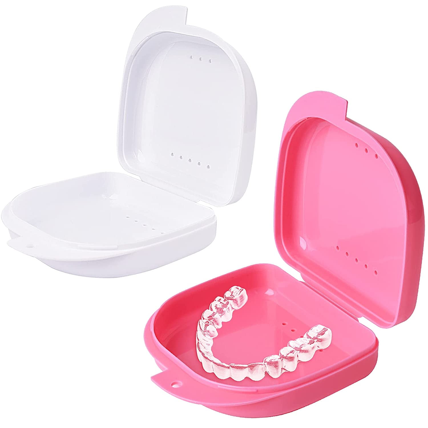 2 Pcs Retainer Box Retainer Case Retainer Container Partial Mouth Guard Container Case Denture Box Orthodontic Denture Storage Boxes with Vent Holes(Pink+White)