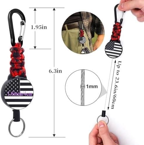 2 Pcs Retractable Keychain, Heavy Duty Badge Holder Reel – Braided Paracord Lanyard with USA Flag, Retractable ID Badge Clip Reel & Parachute Rope Necklace Keychains for Work or Traveling