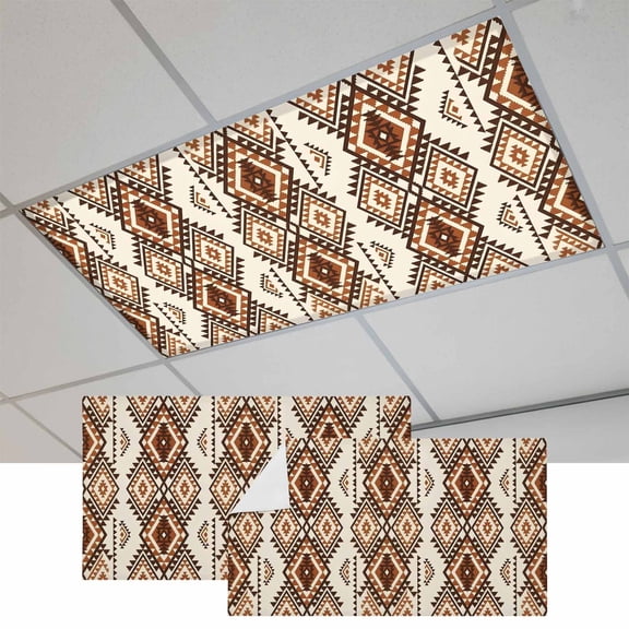 2 Pcs Retro Brown Rectangle Fluorescent Light Covers Tribal Classic Geometric Abstract Magnetic Light Covers for Ceiling Lights 4 x 2 ft Drop Ceiling Lights Cover Shade for Office, Home, Hospital