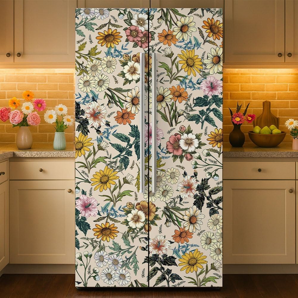 2 Pcs Retro Flower Removable Refrigerator Wraps Self-Adhesive Fridge Stickers Peel and Stick Vinyl Fridge Decals Sticker for Living Room Multi-color