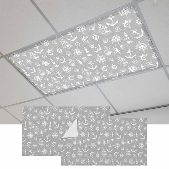 2 Pcs Retro Gray Map Fluorescent Light Covers Abstract Sailing Boat White Line Magnetic Light Covers for Ceiling Lights 4 x 2 ft Drop Ceiling Lights Cover Shade for Office, Home, Hospital