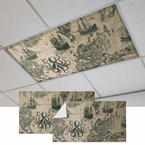 2 Pcs Retro Medieval Fluorescent Light Covers Map Octopus Nautical Magnetic Light Covers for Ceiling Lights 4 x 2 ft Drop Ceiling Lights Cover Shade for Office, Home, Hospital