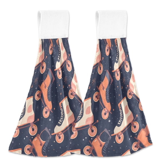 2 Pcs Retro Rollers Skates Kitchen Hand Towels with Hanging Loops Absorbent Soft Fast Drying Decor Bath Towels