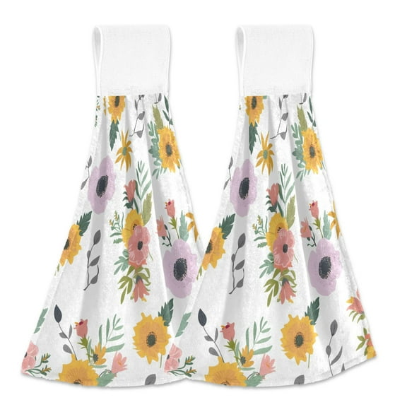 2 Pcs Retro Spring Flowers Kitchen Hand Towels with Hanging Loops Absorbent Soft Fast Drying Decor Bath Towels