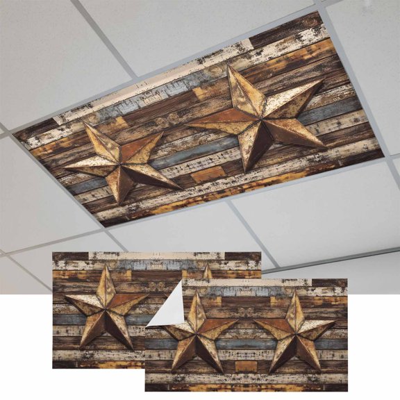2 Pcs Retro Star Fluorescent Light Covers Abstract Metal Shabby Stars Old Mottled Wood Wall Magnetic Light Covers for Ceiling Lights 4 x 2 ft Drop Ceiling Lights Cover Shade for Office, Home