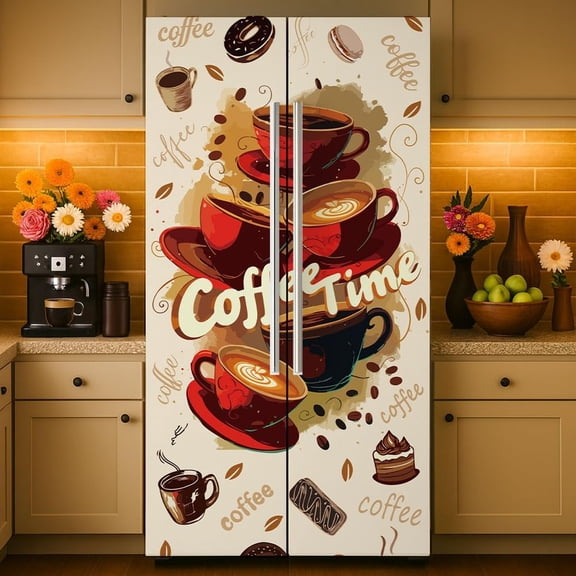 2 Pcs Retro Style Coffee Refrigerator Wraps Self-Adhesive Refrigerator Wrap Set Removable Fridge Sticker Fridges Panel Cover Sticker
